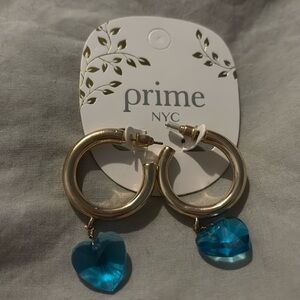 Gold Hoop Earrings W/ Blue Dangling Hearts
